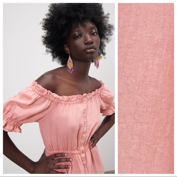 NWT. Zara Pink Linen Ruffled Cold Shoulders Midi Dress. Size S. - Picture 3 of 11